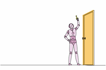 Poster - Single one line drawing robot lifting up key in front of door. Future technology development. Artificial intelligence machine learning process. Continuous line draw design graphic vector illustration