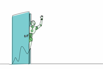 Poster - Single continuous line drawing robots peeking of door and wave hands. Modern robotics artificial intelligence technology. Electronic technology industry. One line graphic design vector illustration