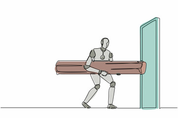Poster - Single one line drawing robot holding large log to destroying door. Future technology development. Artificial intelligence and machine learning process. Continuous line draw design vector illustration