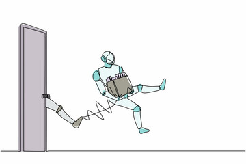 Poster - Continuous one line drawing robots get kicked out of door. Dismissed from job. Humanoid robot cybernetic organism. Future robotics development concept. Single line graphic design vector illustration