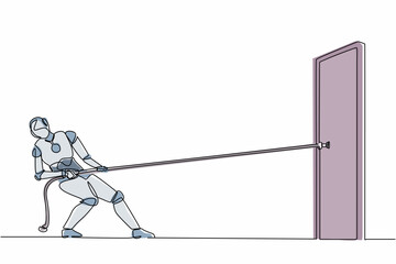 Poster - Continuous one line drawing robot pulling and trying open door with rope. Humanoid robot cybernetic organism. Future robotics development concept. Single line draw design vector graphic illustration