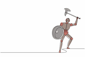Poster - Single continuous line drawing robot with axe and shield furiously attacks. Modern robotics artificial intelligence technology. Electronic technology industry. One line draw design vector illustration