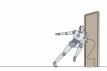 Poster - Single continuous line drawing robots running wants to break down the door. Modern robotics artificial intelligence technology. Electronic technology industry. One line draw design vector illustration