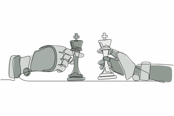 Poster - Single continuous line drawing robots hands holding king chess piece and the other hand too. Robotics artificial intelligence. Electronic technology industry. One line draw design vector illustration