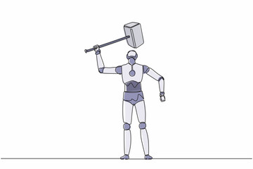 Poster - Single one line drawing robot standing and lifting up big hammer. Future technology development. Artificial intelligence machine learning process. Continuous line design graphic vector illustration