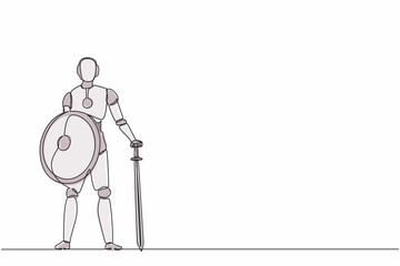Poster - Continuous one line drawing robots stands holding big sword and shield. Humanoid robot cybernetic organism. Future robotics development concept. Single line draw design vector graphic illustration