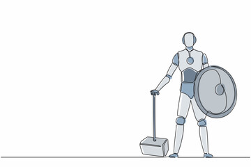 Poster - Continuous one line drawing robots stands holding big hammer and shield. Humanoid robot cybernetic organism. Future robotics development concept. Single line draw design vector graphic illustration