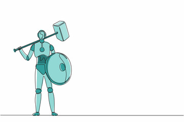 Poster - Single continuous line drawing robot standing holding hammer and shield. Modern robotics artificial intelligence technology. Electronic technology industry. One line graphic design vector illustration