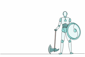 Poster - Continuous one line drawing robots stands holding big axe and shield. Humanoid robot cybernetic organism. Future robotics development concept. Single line draw design vector graphic illustration