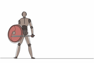 Poster - Single one line drawing robot standing holding sword and shield. Future technology development. Artificial intelligence and machine learning process. Continuous line design graphic vector illustration