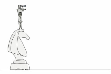 Poster - single continuous line drawing robots on top of big horse chess piece using binocular. modern roboti