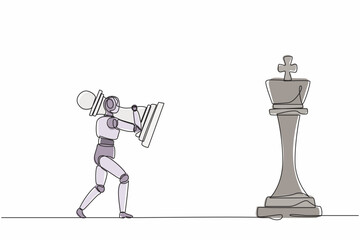 Poster - Single one line drawing robot holding pawn chess piece to beat king chess. Future technology development. Artificial intelligence machine learning process. Continuous line draw design graphic vector