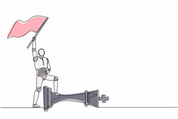 Poster - single continuous line drawing robots holding flag and defeat chess king. modern robotics artificial