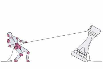 Poster - Single one line drawing robot pulling big rook chess with rope. Future technology development. Artificial intelligence machine learning process. Continuous line draw design graphic vector illustration