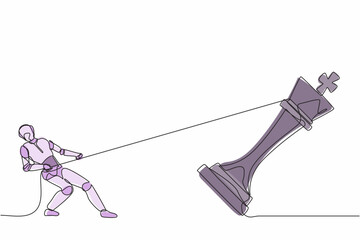 Poster - Continuous one line drawing robots standing and pulling big king chess with rope. Humanoid robot cybernetic organism. Future robotics development. Single line draw design vector graphic illustration