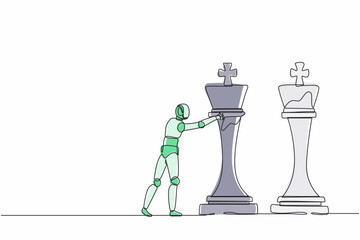 Poster - Single one line drawing robot push huge king chess piece to take down the other king. Future technology. Artificial intelligence machine learning process. Continuous line draw design graphic vector