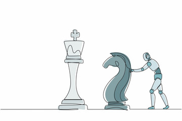 Poster - Continuous one line drawing robots push huge knight horse chess piece to take down king. Humanoid robot cybernetic organism. Future robotics development concept. Single line draw design vector graphic