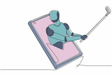 Poster - Single one line drawing robot come out from cellular phone and hitting golf ball with golf club. Future technology development. Artificial intelligence, machine learning. Continuous line design vector