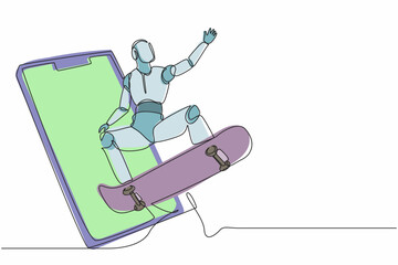 Poster - Continuous one line drawing robot come out from cellular phone and jump with skateboard. Humanoid robot cybernetic organism. Future robotics development concept. Single line draw design vector graphic