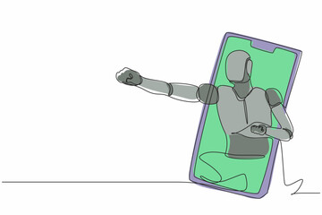 Poster - Single one line drawing robot come out from cellular phone with fist punch pose. Future technology development. Artificial intelligence and machine learning process. Continuous line draw design vector
