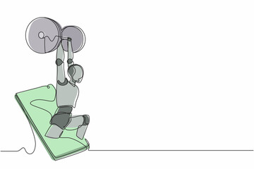 Poster - Continuous one line drawing robots come out from cellular phone with weightlifter pose. Humanoid robot cybernetic organism. Future robotics development concept. Single line draw design vector graphic