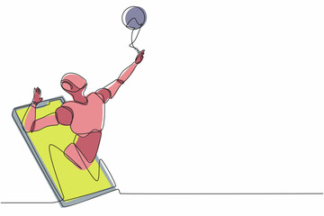 Poster - Single one line drawing robot come out from cellular phone and doing smash volleyball. Future technology development. Artificial intelligence, machine learning process. Continuous line design vector