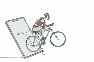 Poster - Single continuous line drawing robots come out from cellular phone and pedaling a road bike. Modern robotics artificial intelligence technology. Electronic technology. One line graphic design vector