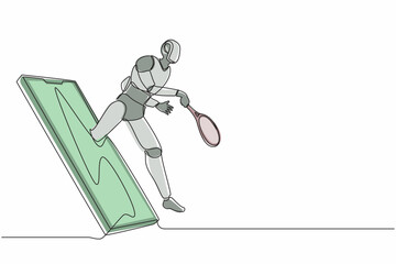 Poster - single continuous line drawing robot come out from cellular phone and doing jump smash with badminto