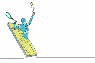 Poster - Single one line drawing robot come out from cellular phone and serve tennis ball with racket. Future technology. Artificial intelligence machine learning process. Continuous line graphic design vector