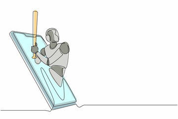 Poster - Continuous one line drawing robot come out from cellular phone with baseball player pose. Humanoid robot cybernetic organism. Future robotic development concept. Single line draw design vector graphic