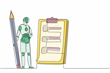 Poster - Single continuous line drawing robots holding big pencil and looking clipboard. Modern robotics artificial intelligence technology. Electronic technology industry. One line draw graphic design vector