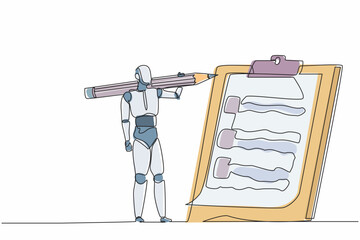 Poster - Single continuous line drawing robot carrying big pencil and looking clipboard. Future technology development. Artificial intelligence and machine learning process. One line draw graphic design vector