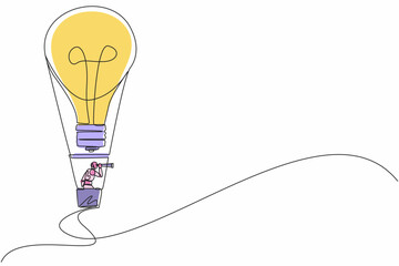 Poster - continuous one line drawing robots using monocular, flying with hot air balloon lightbulb. humanoid 