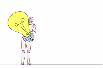 Poster - single one line drawing robot carrying big heavy lightbulb. future technology development. artificia