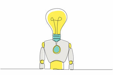 Poster - single one line drawing robot with light bulb instead of head. future technology development. artifi