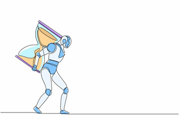 Poster - Single one line drawing robot carrying heavy big hourglass. Future technology development. Artificial intelligence and machine learning process. Continuous line draw design graphic vector illustration