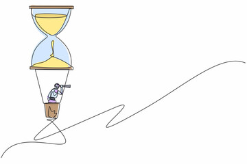 Poster - Continuous one line drawing robots using monocular, flying with hot air balloon hourglass. Humanoid robot cybernetic organism. Future robotics development. Single line draw design vector illustration