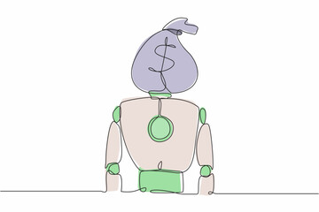 Poster - Single one line drawing robot with money bag instead of head. Future technology development. Artificial intelligence and machine learning process. Continuous line design graphic vector illustration