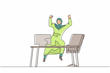Aufkleber - Single one line drawing happy Arab businesswoman jump with raised hands on her workplace. Female manager celebrating success of increasing company product sales. Continuous line design graphic vector