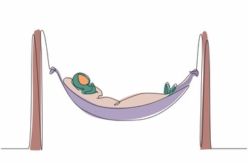 Poster - Single continuous line drawing Arab businesswoman is lying in hammock and dreaming about big money. Comfort and recreation. Achieve financial freedom. One line draw graphic design vector illustration