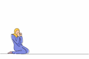Poster - Single continuous line drawing happy Arab businesswoman kneeling with gesture of both hands yes. Saleswoman celebrates salary increase, benefits from company. One line draw design vector illustration