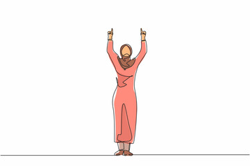 Poster - single one line drawing happy arab businesswoman standing and both hands pointing with index fingers