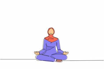 Poster - Continuous one line drawing Arabian businesswoman doing yoga. Office worker sitting in yoga pose, meditation, relaxing, calm down and manage stress. Single line draw design vector graphic illustration