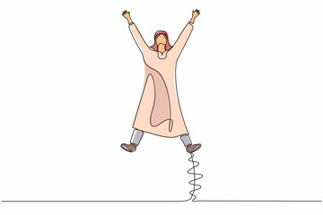 Poster - Single one line drawing happy Arab businessman jumping with spread his arms and legs. Young office worker celebrate success of company project. Continuous line draw design graphic vector illustration