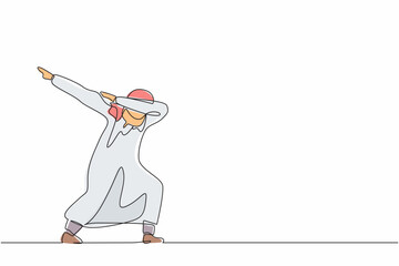 Poster - Continuous one line drawing happy Arabian businessman standing with crossing arms and look down. Salesman celebrates salary increase from company. Single line draw design vector graphic illustration