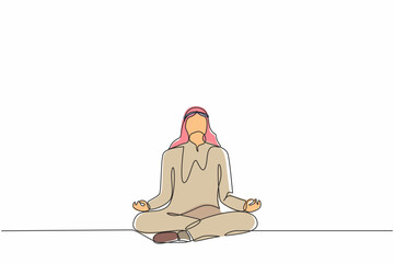 Poster - Single continuous line drawing Arabian businessman doing yoga. Office worker sitting in yoga pose, meditation, relaxing, calm down and manage stress. One line draw graphic design vector illustration