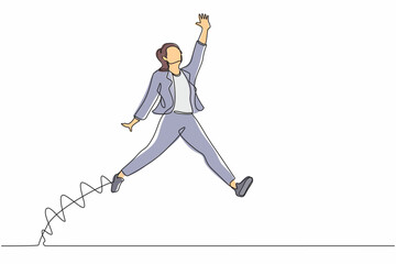 Poster - Single one line drawing happy businesswoman jumping with spreads both legs and raises one hand. Saleswoman celebrates salary increase from company. Continuous line design graphic vector illustration