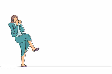 Poster - single one line drawing happy businesswoman standing with fold one leg and do the yes gesture with b