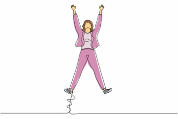 Poster - Continuous one line drawing happy businesswoman jumping with spread his arms and legs. Young office worker celebrate success of company project. Single line draw design vector graphic illustration
