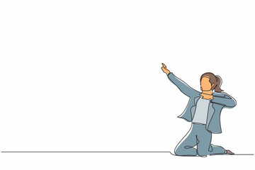 Poster - continuous one line drawing happy businesswoman kneeling with celebrating goal pose. female manager 